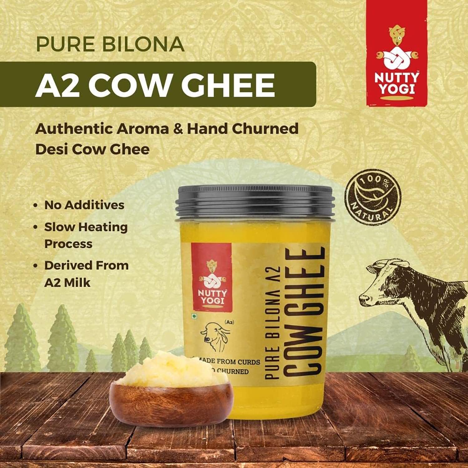 Premium Pure Bilona A2 Desi Cow Ghee By Nutty Yogi | Delicious & Nutritious Healthy Desi Cow Ghee Good For Weight Loss | (250ml) 8.4 Ounce | Jar Pack
