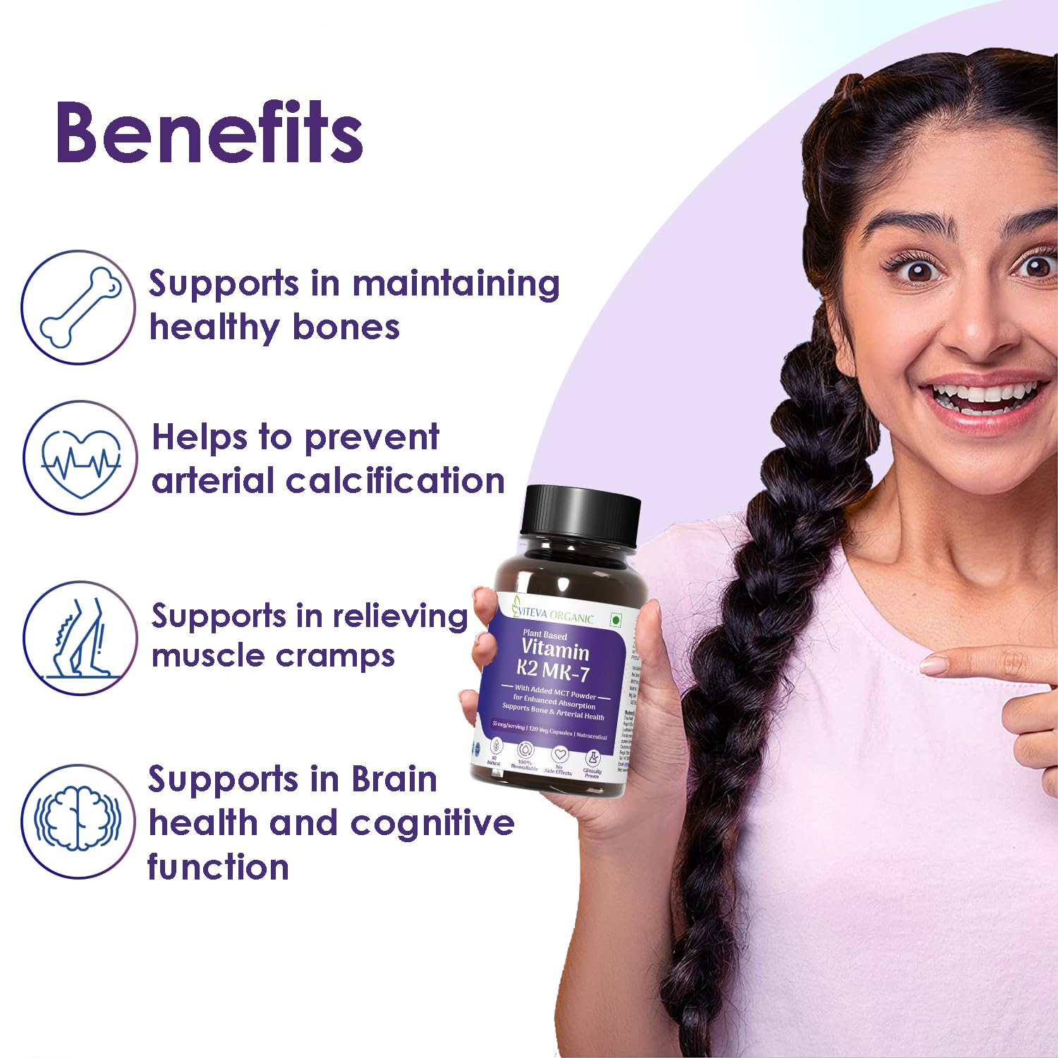 Viteva Organic Vitamin K2 , 100% Vegetarian Plant Based Vitamin K2 Mk - 7 With Mct Powder, For Optimal Calcium Absorption Benefits In Bone Health - 55mcg | 120 Veg Capsules , 200gm 0.4lbs