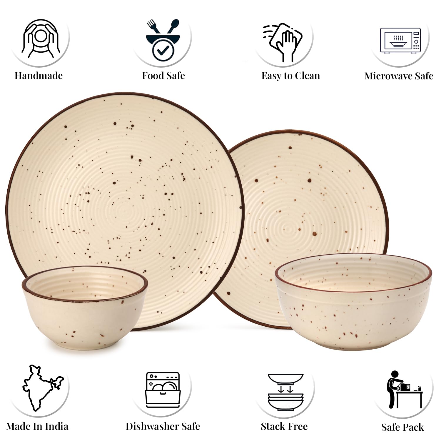 Handcrafted Ceramic Stoneware Dinner Set Of 20 Pieces With Serving Bowls Set - Beige | 6 Dinner Plates + 6 Small Plates + 6 Small Dinner Bowl, 180ml Each+ 2 Serving Bowl, 1000ml Each - Serving For 6