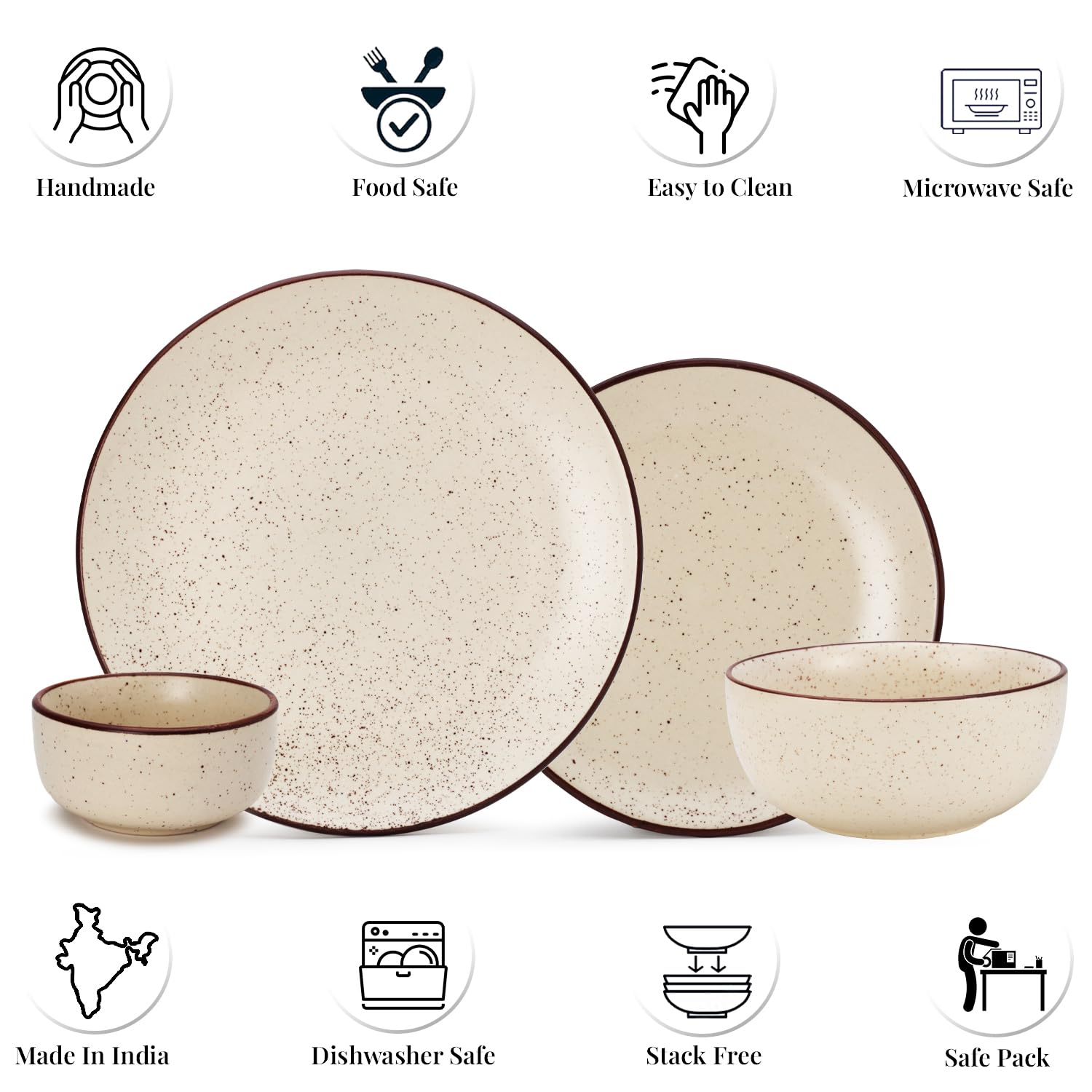 Handcrafted Ceramic Stoneware Dinner Set Of 14 Pieces With Serving Bowls Set - Beige Speckled | 4 Dinner Plates + 4 Small Plates + 4 Small Dinner Bowl, 170ml Each+ 2 Serving Bowl, 1000ml Each