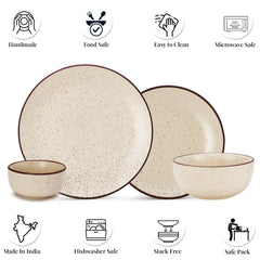 Handcrafted Ceramic Stoneware Dinner Set Of 14 Pieces With Serving Bowls Set - Beige Speckled | 4 Dinner Plates + 4 Small Plates + 4 Small Dinner Bowl, 170ml Each+ 2 Serving Bowl, 1000ml Each