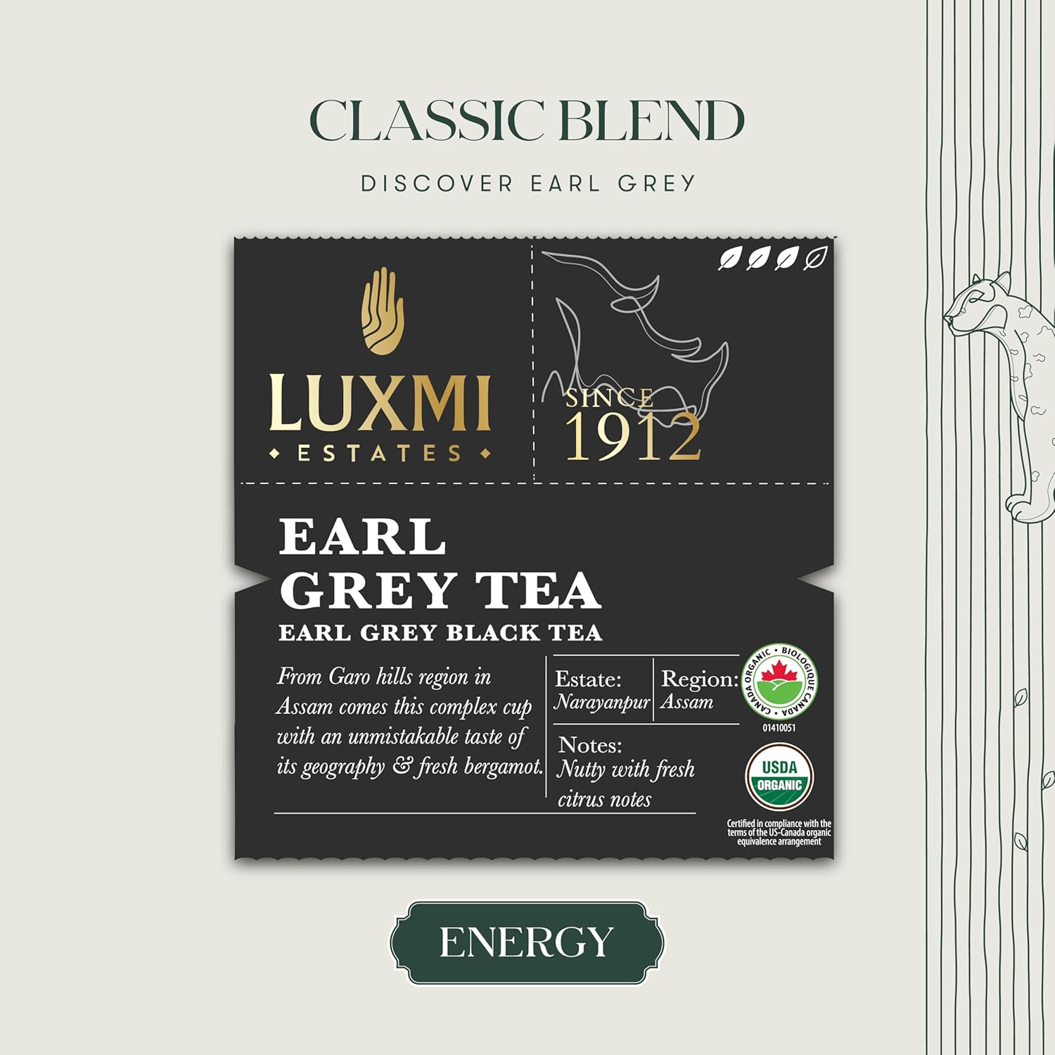 Luxmi Estates Earl Grey Black Tea - 30gm, 1.05 Ounce, 15 Tea Bags | USDA Organic Certified Tea - 100% Natural Bergamot Extracts | High Caffeine Black Tea