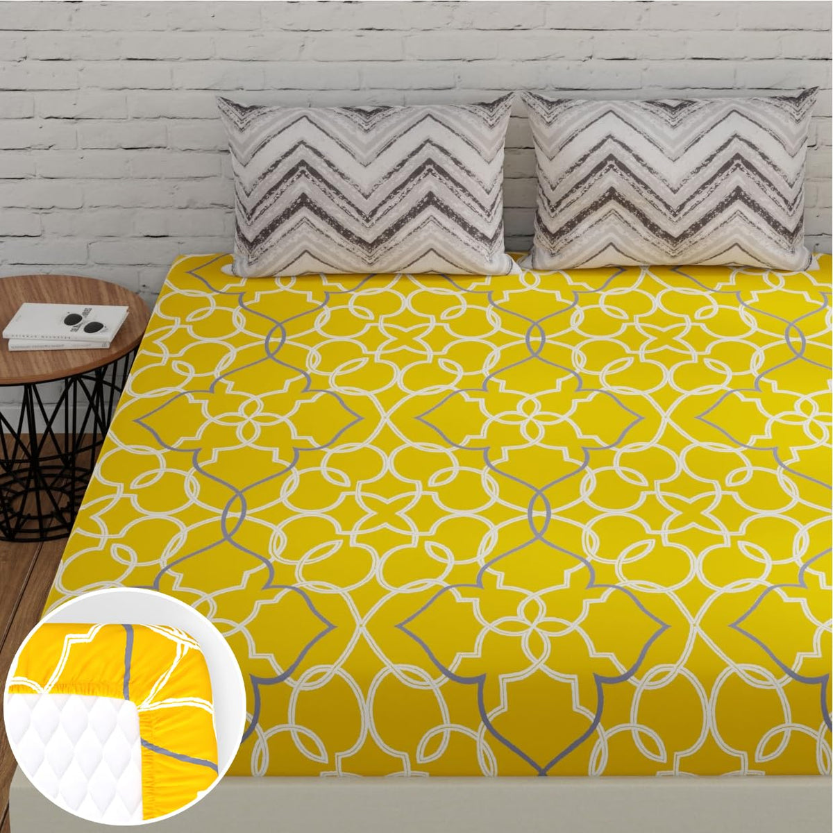 Cotton 144 TC Elastic Fitted Bedsheets For Double Bed With 2 Pillow Covers | Long Lasting & Soft To Touch - Soft & Comfortable | 60 X 78 Inches, Yellow & Grey