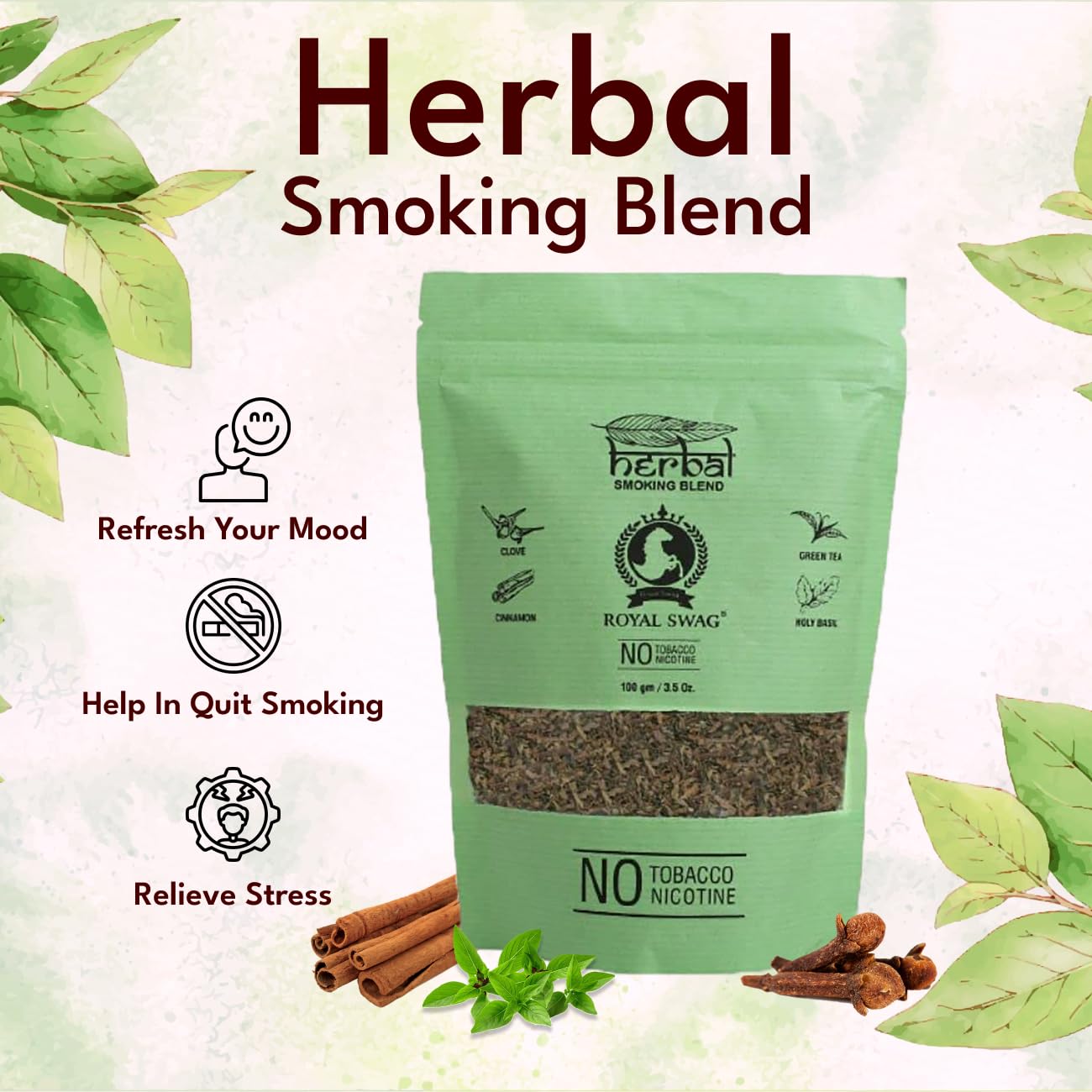 Royal Swag Tobacco & Nicotine Free Smoking Mixture With 100% Natural Herbal Smoking Blend 1 Pack -100gm With 100mm King Size Tendu Palm Leaf Rolls Ready To Use Cones Jar Of 50 Pcs Pack