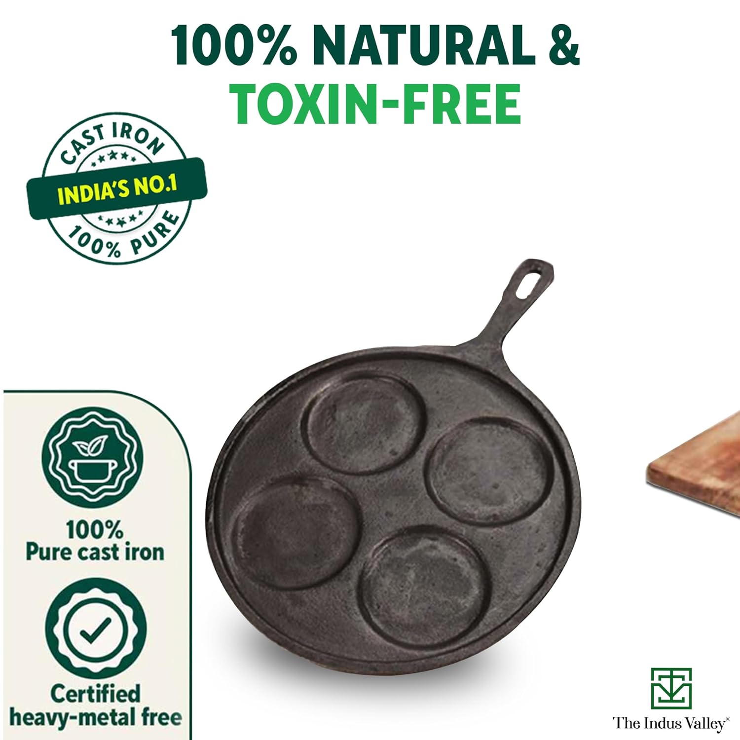 Pre-Seasoned Black Cast Iron Uttapam Tawa - 4 Pit, 27.5cm, 10.8 Inch, 2.5 Kg | Induction Friendly, Naturally Nonstick, 100% Pure & Toxin-Free, No Chemical Coating