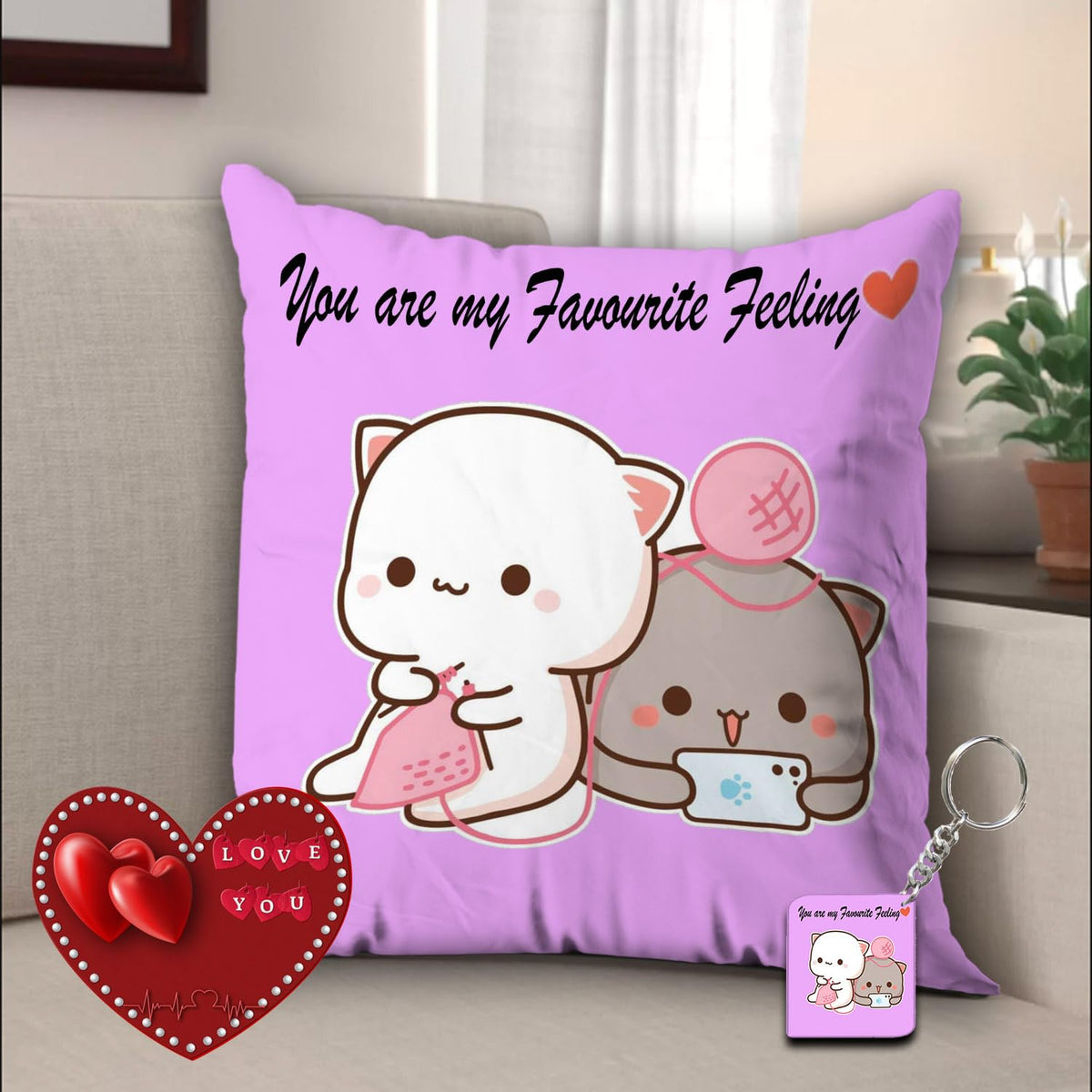 Peach & Goma Mochi Cat Pillow Cushion, Cartoon Pattern, Purple - 12 X 12 Inch | 3 Items, Gift For Wife, Home Décor Pillow | Keychain & Greeting Card, Best Gift Birthday - Pack Of 1