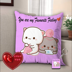 Peach & Goma Mochi Cat Pillow Cushion, Cartoon Pattern, Purple - 12 X 12 Inch | 3 Items, Gift For Wife, Home Décor Pillow | Keychain & Greeting Card, Best Gift Birthday - Pack Of 1