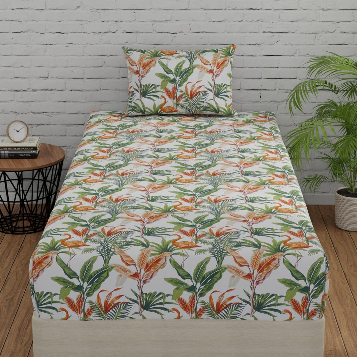 Single Bedsheets With 1 Pillow Cover - 55 X 88 Inches, Flamingo Orange & Green | Soft & Breathable Fabric | Comfortable For Daily Use