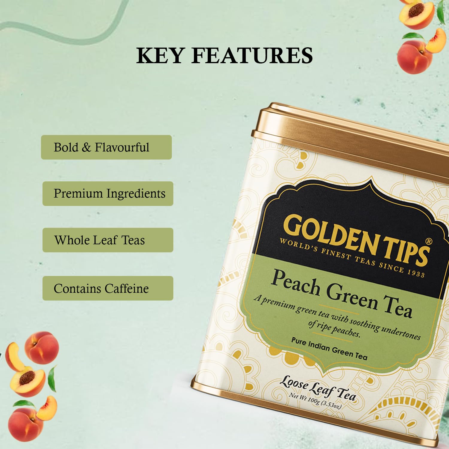 Golden Tips Peach Green Tea - 100gm, 3.5 Ounce | Pure Indian Green Tea - Enhances Digestion, Boosts Energy Levels | Medium Caffeine, Artificial Flavor Free, Artificial Color Free