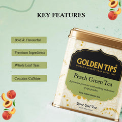 Golden Tips Peach Green Tea - 100gm, 3.5 Ounce | Pure Indian Green Tea - Enhances Digestion, Boosts Energy Levels | Medium Caffeine, Artificial Flavor Free, Artificial Color Free