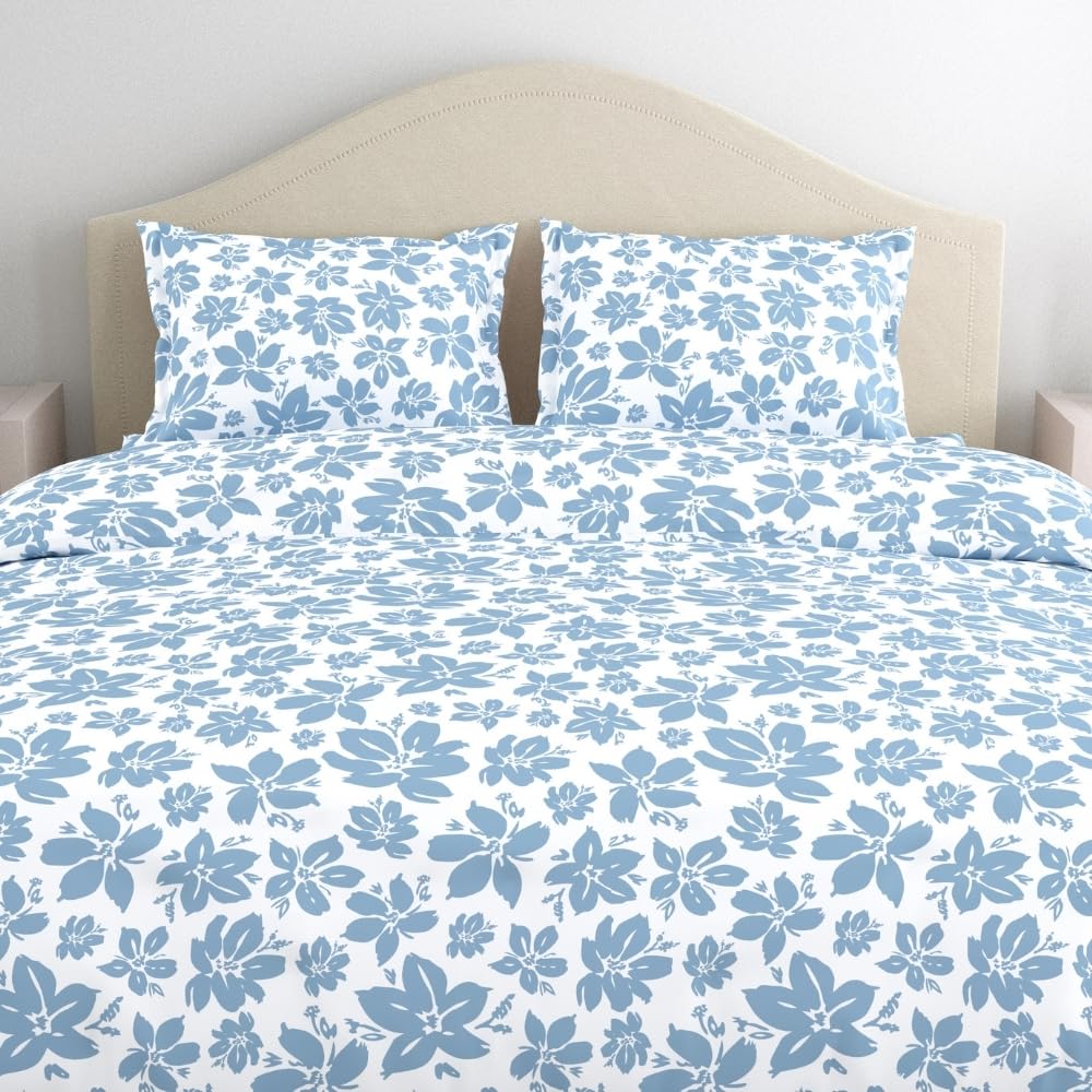 Pure Cotton Queen Size Bedsheet With 2 Matching Pillow Covers - 100 X 90 Inches, White & Blue | Easy Care & Long-Lasting Fabric