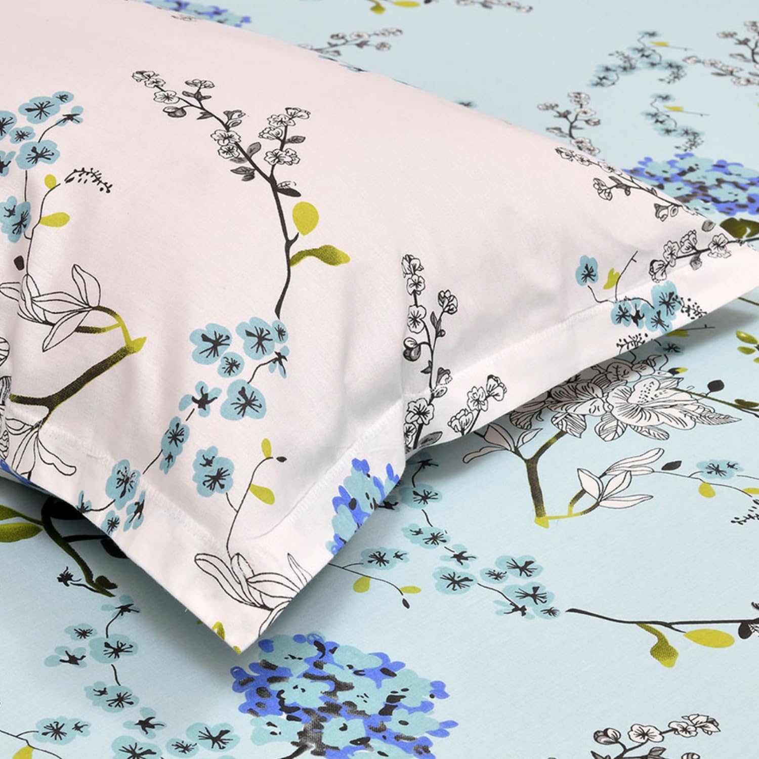 Pure Cotton Queen Size Bedsheet With 2 Matching Pillow Covers - 90 X 100 Inches, Sky Blue & Green | Easy Care & Long-Lasting Fabric