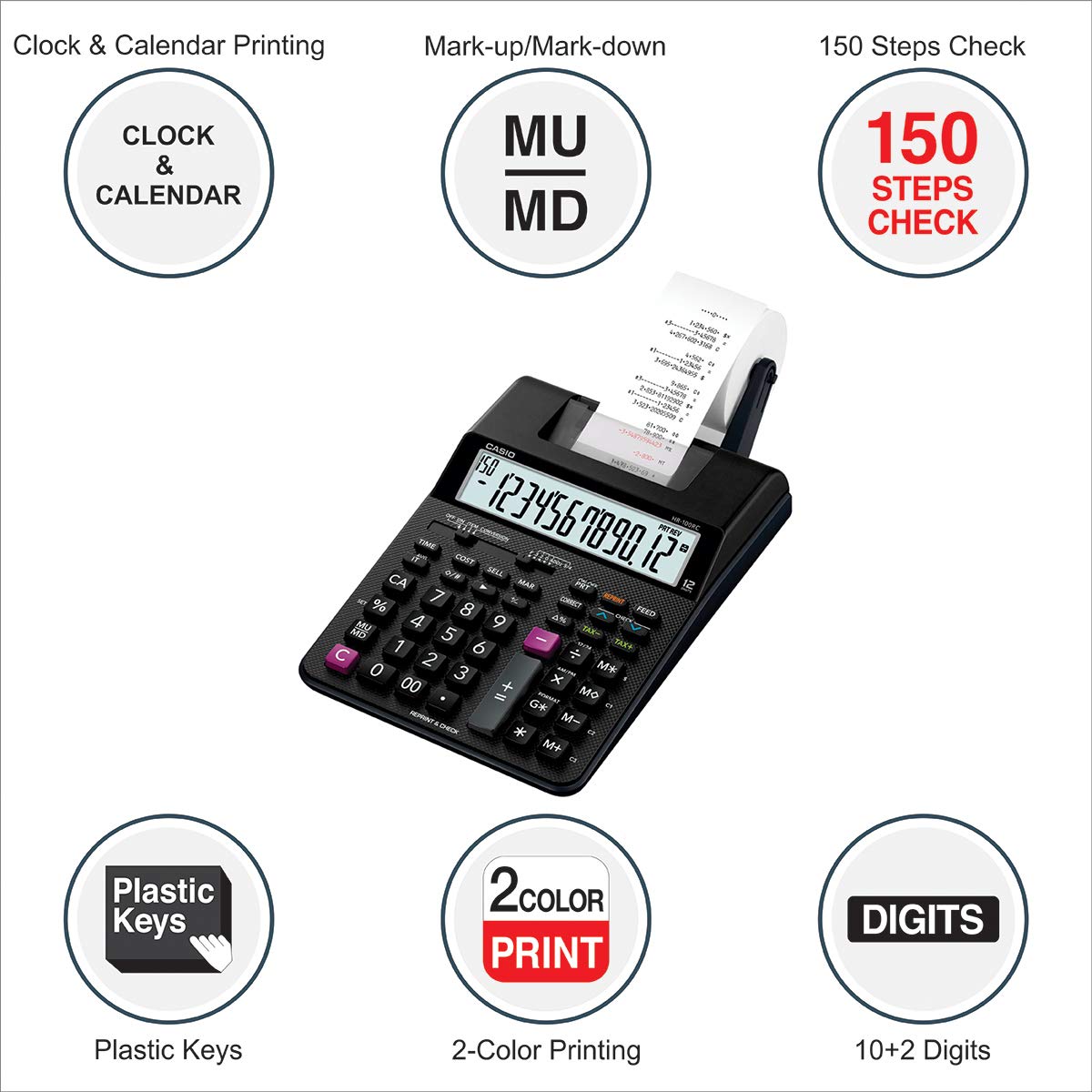 Casio HR-100RC-BK 150 Steps Check & Correct Printing Calculator With Reprint Feature & Casio IR-40 Printing Ribbons