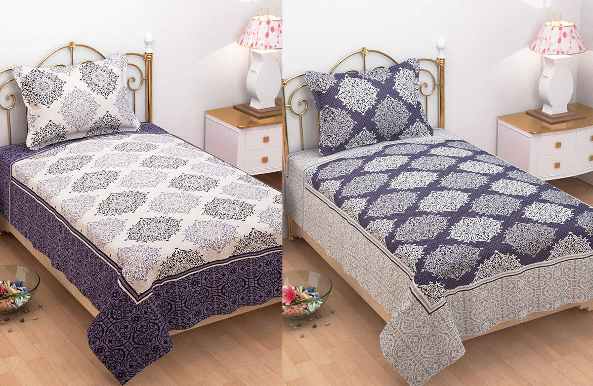 1 Single Bedsheet With 1 Large Pillow Cover - Size - 60 X 100 Inches, Deep Purple | Designer Printed Bedsheet Set - Naturally Soft, Breathable, & Skin Friendly