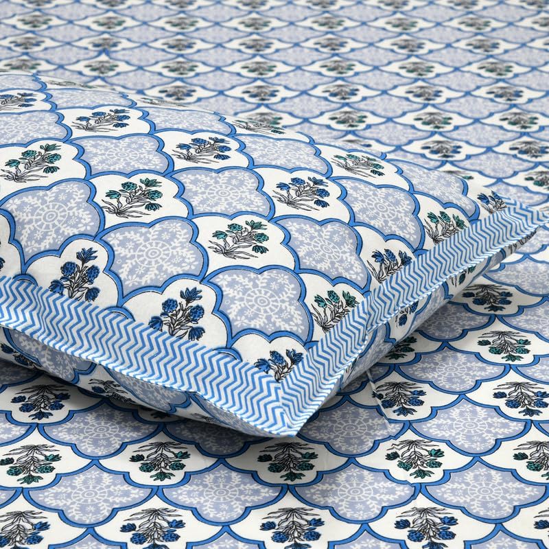 Hand Printed Double Bedsheet For King Size With 2 Pillow Covers | 90 X 108 Inches, Blue & White | Ultra-Soft & Skin-Safe | Breathable Summer Comfort