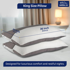 Hollow Fiber King Size Bed Pillows With Zip, Soft & Fluffy Sleeping Pillows - 36 X 20 Inches | White & Grey, Microfiber Fill, Comfortable, Durable | Neck Support, Cooling - Set Of 2