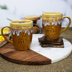 Handcrafted Brown Snow Drip Carved Ceramic Coffee Mug Set Of 2 - 350ml Each | Ceramic Mugs For Coffee, Tea, Milk - Microwave Safe & Leak Proof