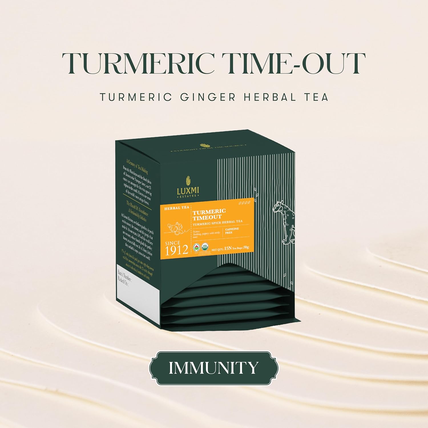 Luxmi Estates Turmeric Timeout Spice Herbal Tea - 30gm, 1.05 Ounce, 15 Tea Bags | USDA Certified Organic Herbal Tea - Caffeine Free Herbal Tea | Made With Turmeric, Ginger, Cardamom, Black Pepper