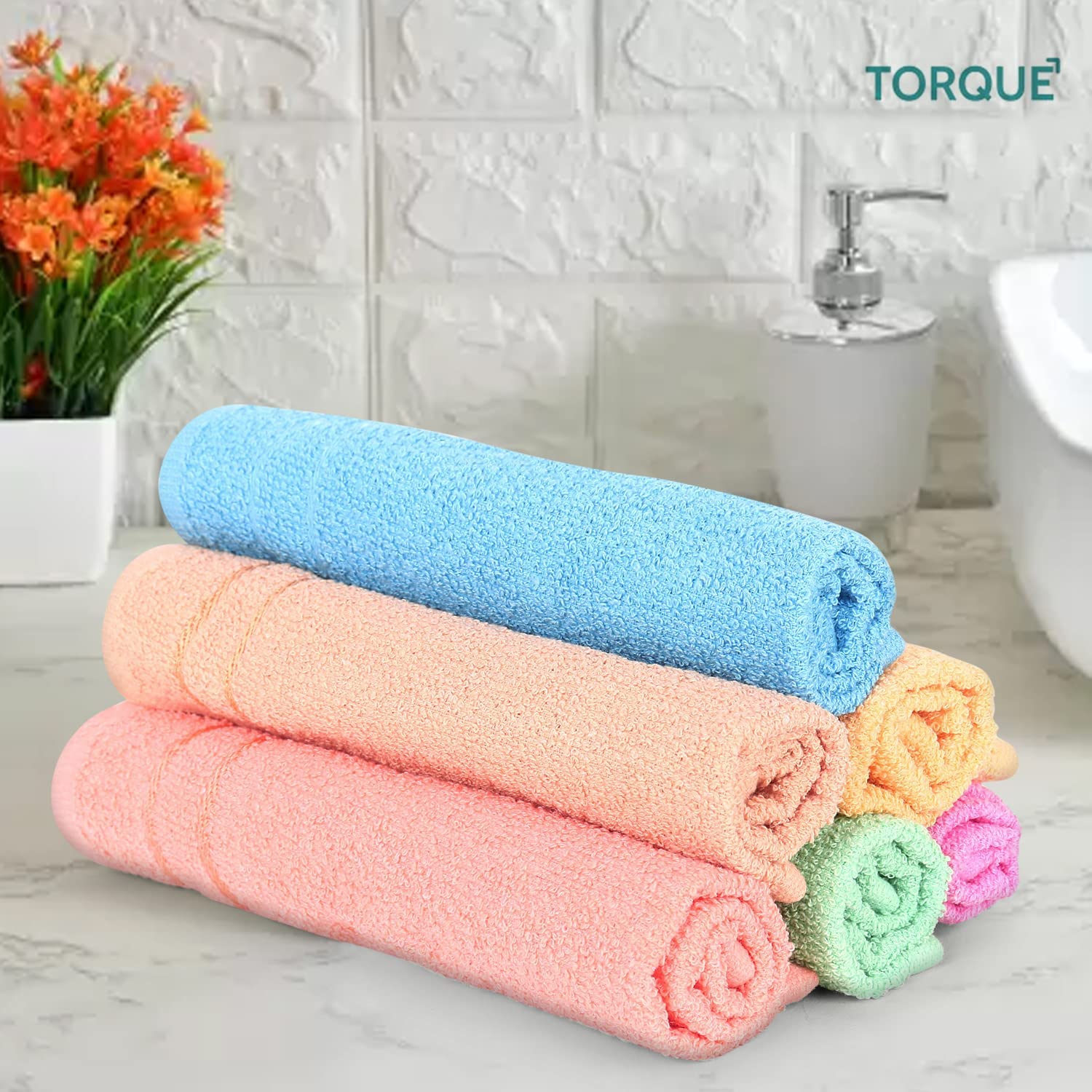 Torque Microfiber Hand & Face Towel 600 Gsm | Hand Towel For Kitchen/Wash Basin 100% Cotton Soft, Absorbent (Assorted)- Pack Of 6