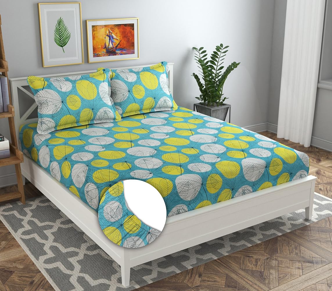 Double Bedsheet With 2 Matching Pillow Covers | 78x72+10 Inches, Sky Blue & Yellow - Soft Brushed Microfiber & Breathable & Wrinkle Free | All Round Elastic Fitted Bedsheet
