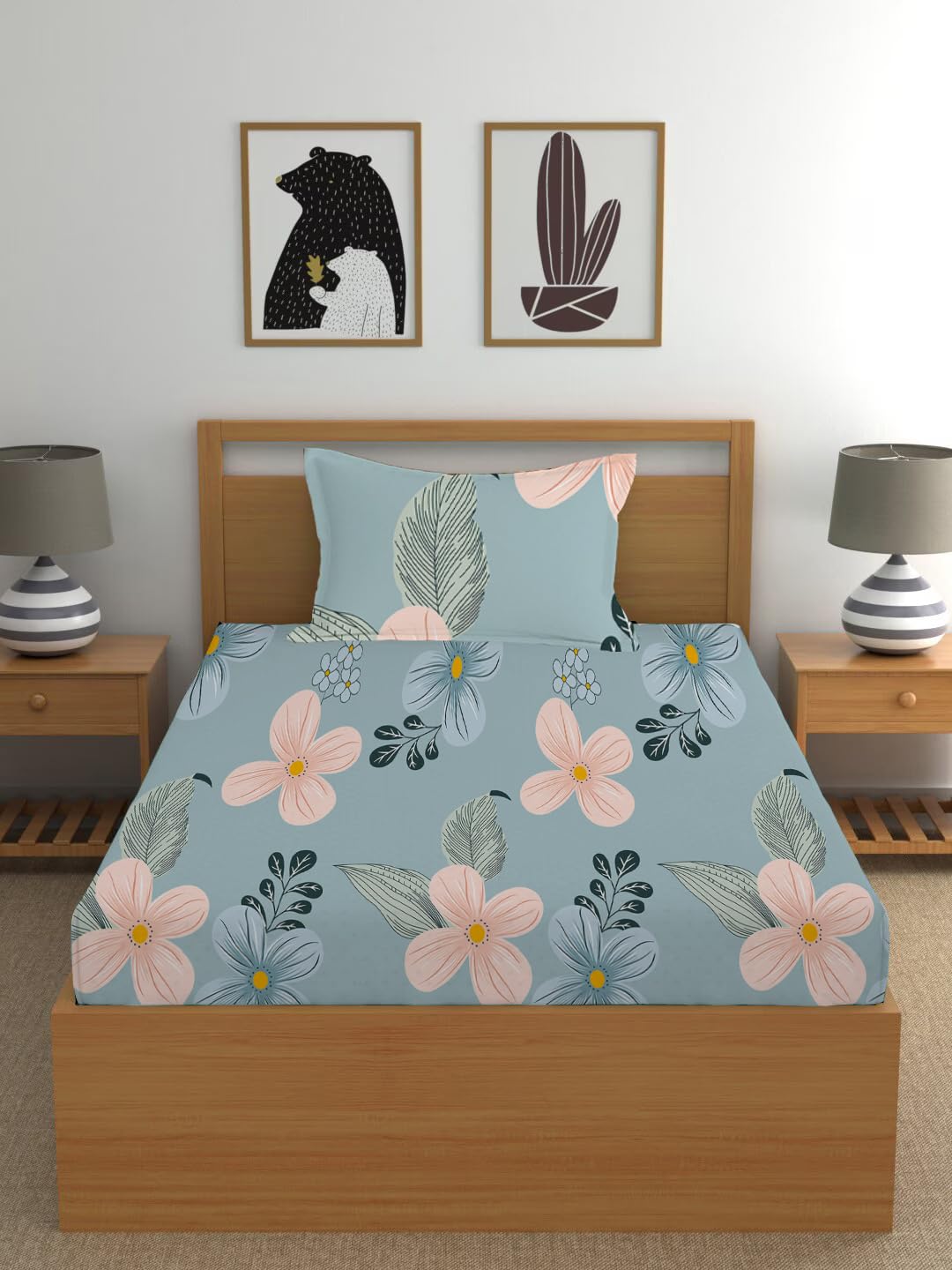 Jaipuri Single Bedsheet With 1 Pillow Cover - 42 X 75 X 8 Inches, Grey | Super Soft Premium Brushed Glace Cotton | Breathable & Wrinkle-Free | Elastic Fitted Bedsheet