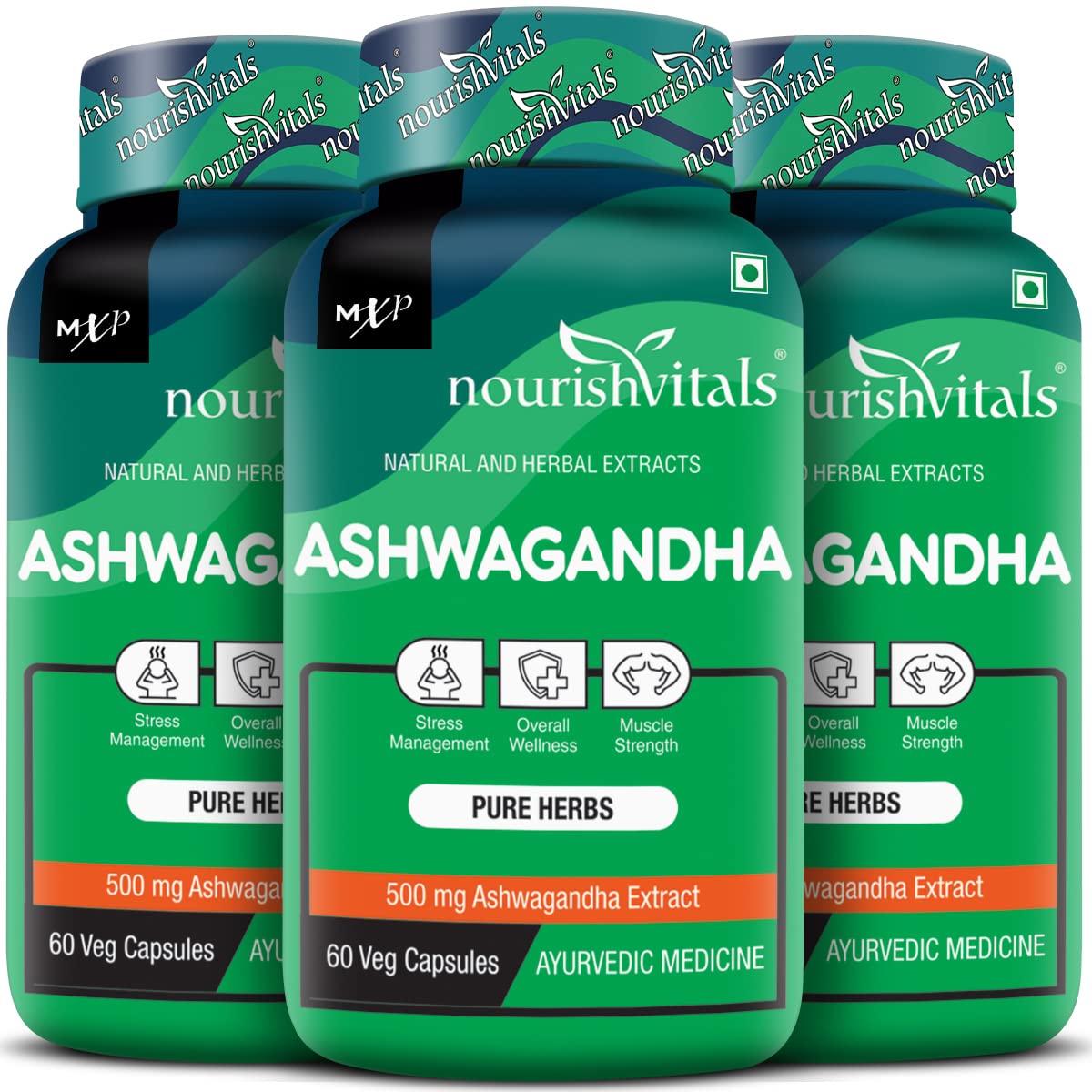 Nourishvitals Ashwagandha Pure Herbs, 500mg Ashwagandha Extract, Boosts Overall Wellness & Supports Enhanced Muscle Strength | 60 Veg Capsules 100gm 0.2lbs Each Pack Of 3