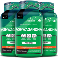 Nourishvitals Ashwagandha Pure Herbs, 500mg Ashwagandha Extract, Boosts Overall Wellness & Supports Enhanced Muscle Strength | 60 Veg Capsules 100gm 0.2lbs Each Pack Of 3
