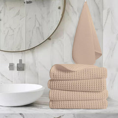 Enchant Home Pure Cotton Waffle Towel 500 Gsm | Lightweight Anti-Microbial & Water Absorbent Soft Touch Quick Drying Hand Towels | Beige (Pack Of 4)