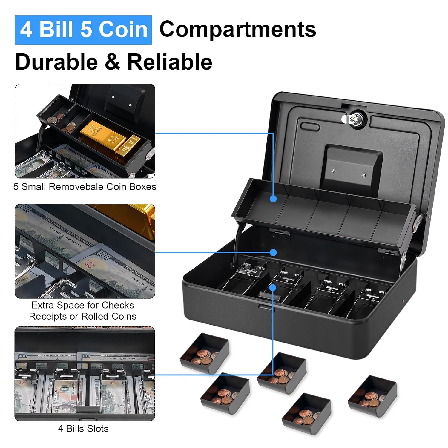Cash Box With Lock & 2 Keys, Metal Money Box With Cash Tray, Portable Lock Safe Box, 4 Bill, 5 Coin Slots, Large Cash Boxes For Small Business 11.8 X 9.5 X 3.5 Inch, Colour - Top Key Black