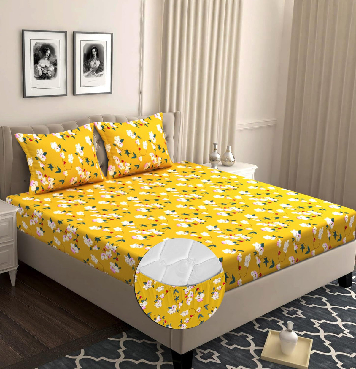 Elastic Fitted Double Bedsheets For Queen Size With 2 Pillow Covers - Size 72 X 68 X 6 Inches, Yellow & White | Double Bed With Corner Elastic | Wrinkle Free Super Soft Floral Breathable