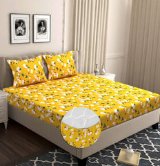 Elastic Fitted Double Bedsheets For Queen Size With 2 Pillow Covers - Size 72 X 68 X 6 Inches, Yellow & White | Double Bed With Corner Elastic | Wrinkle Free Super Soft Floral Breathable