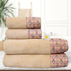 Rangoli Prima Dream 100% Cotton Lace 2 Bath & 2 Hand Towel 1400 Gsm | Ultra Soft, Super Absorbent & Eco-Friendly Hanging Bath Towels (Beige) - Pack Of 4