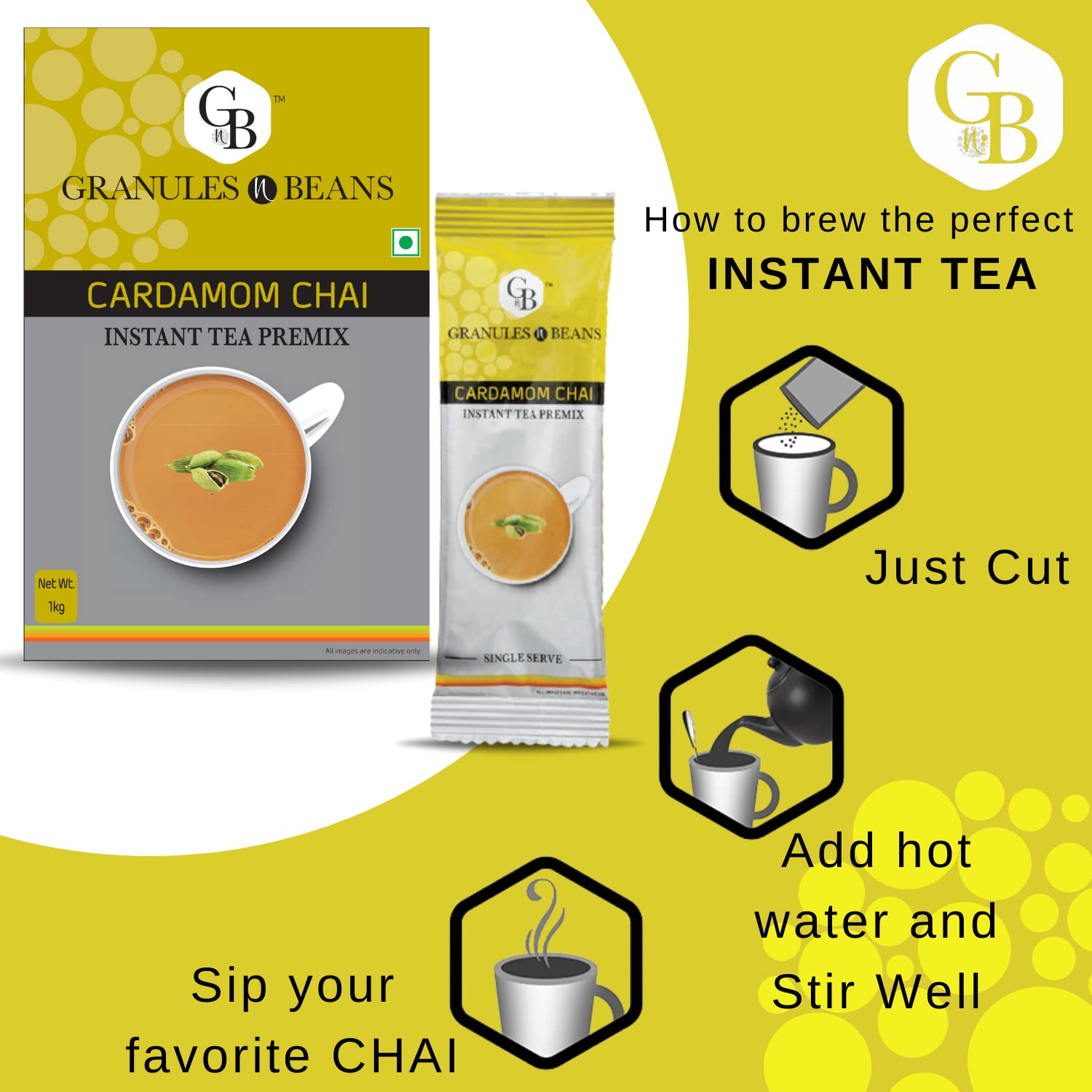 Granules N Beans Instant Tea Premix Cardamom Chai - 10 Sachets, 140gm, 4.9 Ounce | Relieves In Bloating & Indigestion - Caffeine Free