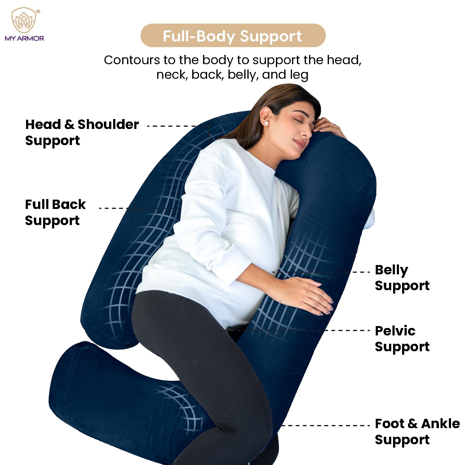 Full Body J Shape Pregnancy Pillow For Women, Maternity Pillow, Grey & Navy Blue | Pillow Gift For Pregnancy Sleeping, Premium Velvet Cover With Zip | Adjustable, Multipurpose Pillow
