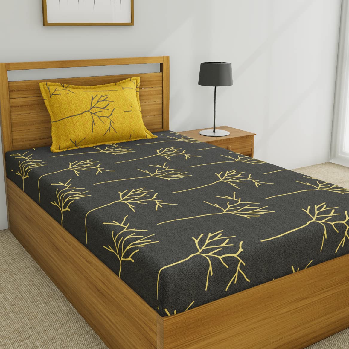 Single Bedsheet With 1 Pillow Cover - 55 X 88 Inches, Grey & Yellow | Soft & Comfortable Sleep Experience | Machine Wash In Cold Water