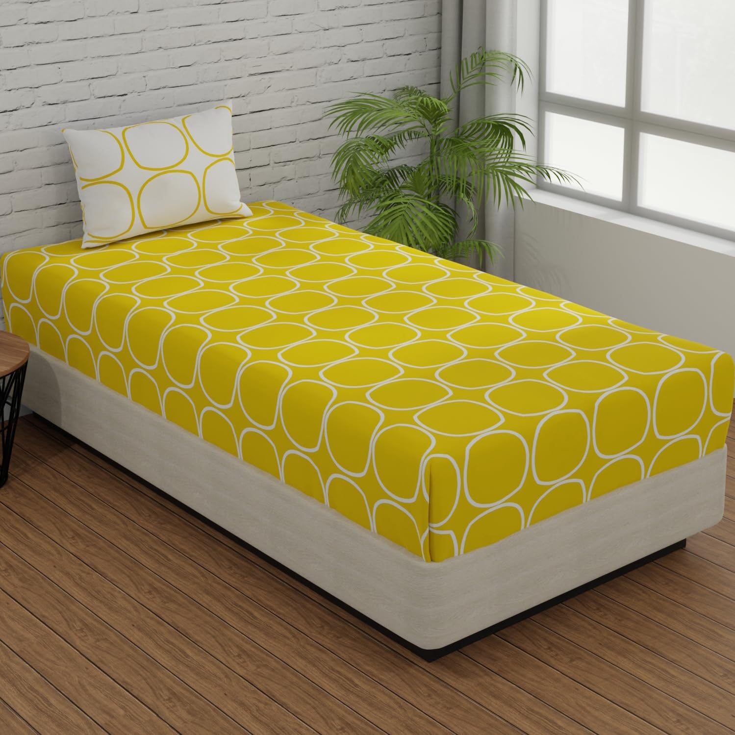 Single Bed Sheet Size - 55 X 88 Inches With 1 Pillow Covers, Yellow & White | Wash Dark Colors Separately | Lightweight, Soft, & Comfortable Bedsheet