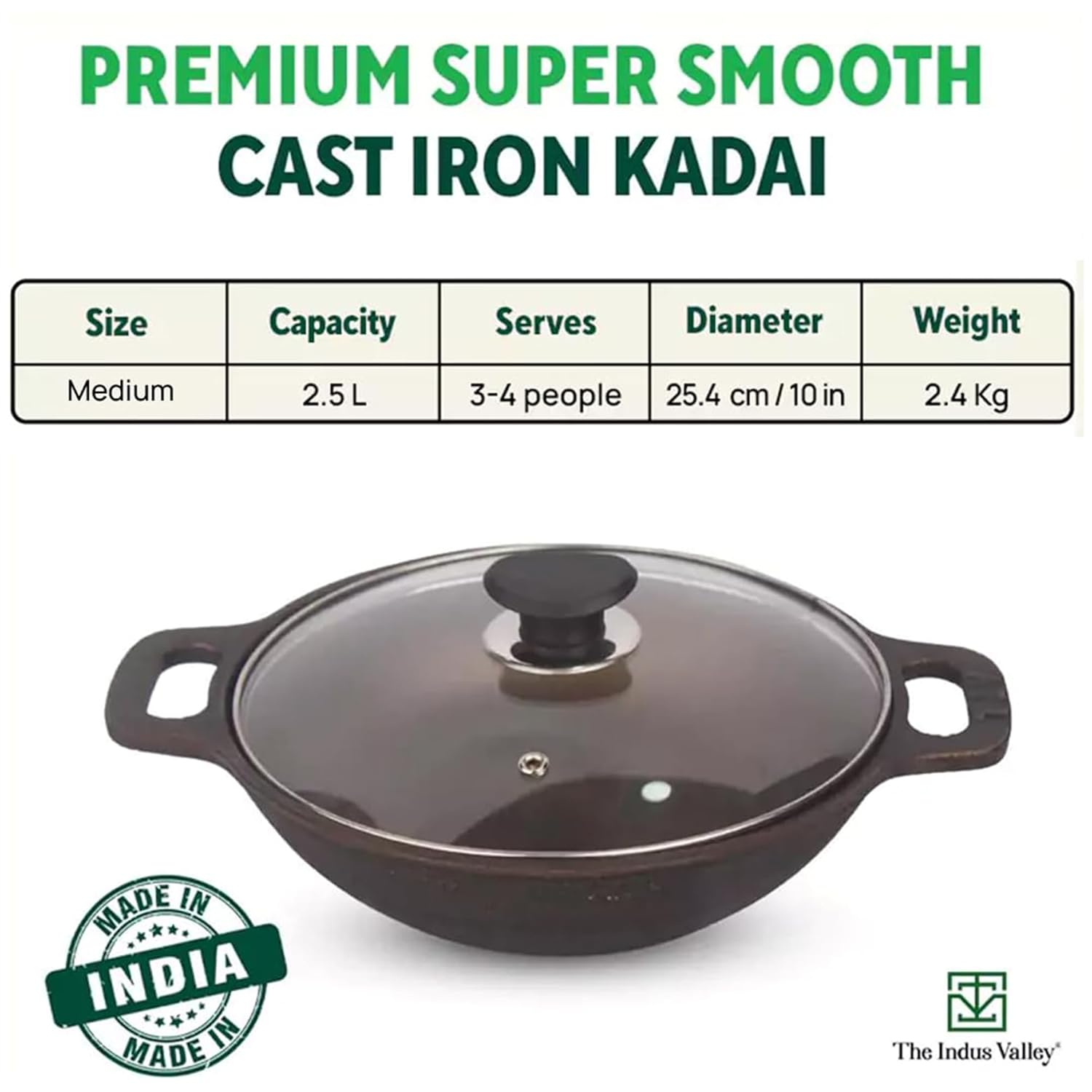 Super Smooth Black Cast Iron Kadai With Glass Lid - Medium, 10.2 Inch, 26 Cm, 2.5 Liters, 2.4 Kg | Naturally Nonstick, Pre-Seasoned Kadhai, 100% Pure & Toxin-Free, No Chemical Coating