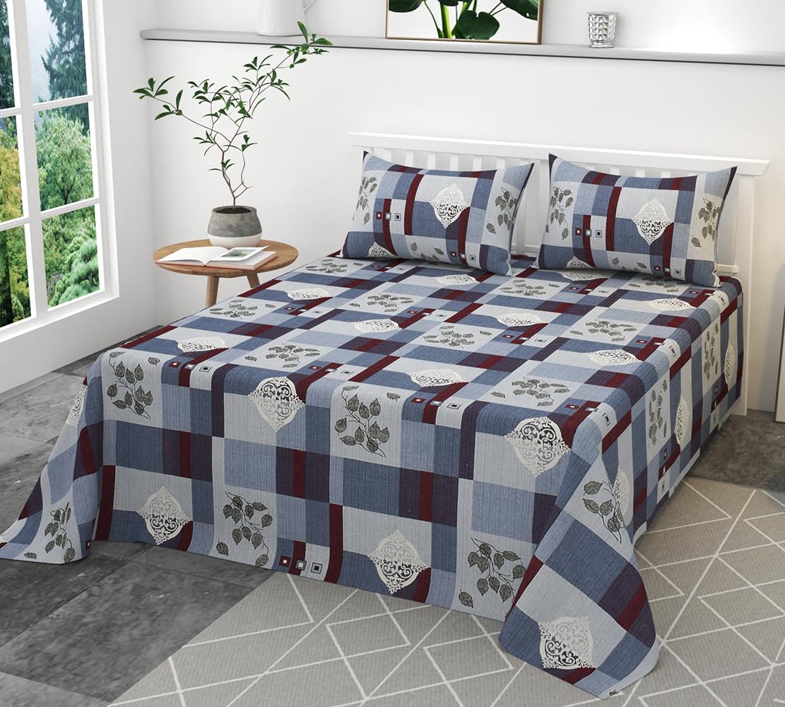 100% Pure Cotton Double Bedsheet With 2 Pillow Covers - 90 X 90 Inches, Blue & White | Soft, Breathable & Skin-Friendly Fade Resistant Double Bedsheet