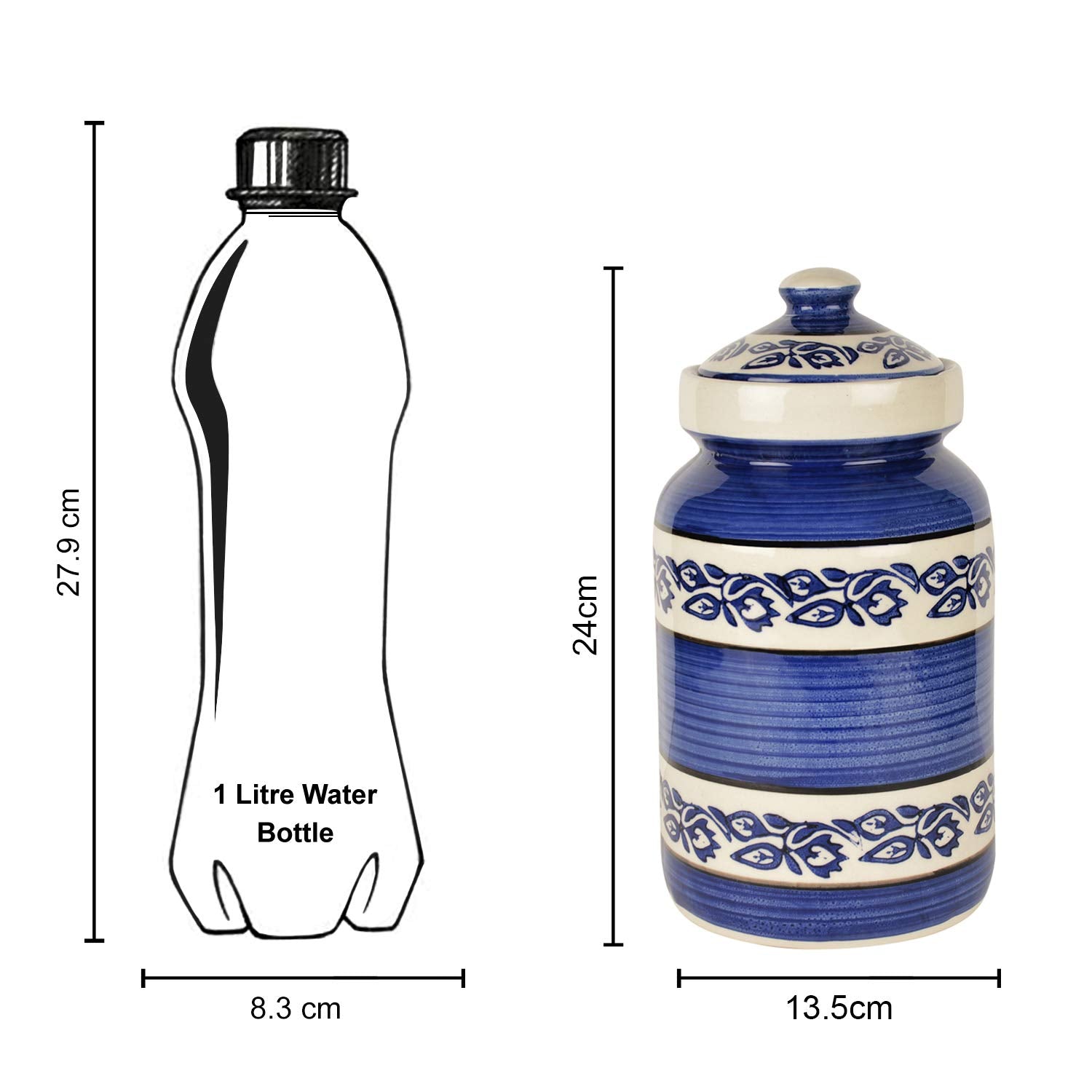 Hand Painted Ceramic Jar (Burni) With Lid 3000ml, Blue & White | Ceramic Multi-Utility Storage Jar