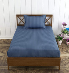 Satin Stripe Single Bedsheet Elastic Fitted With 1 Pillow Cover - 36 X 72 Inches, Mediterranean Blue | Perfect For Use In A Home, Hotel Or Ideal For Bedroom Style