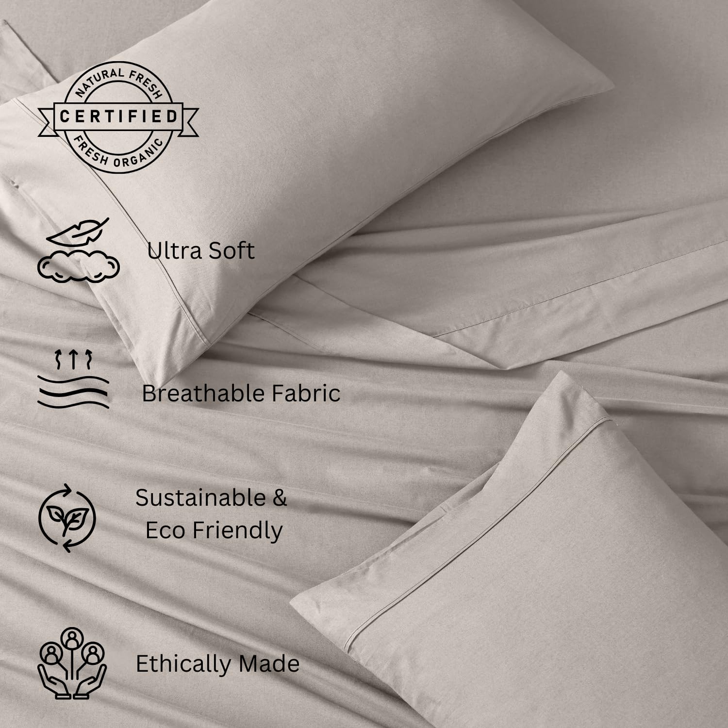 100% Organic Cotton Bedsheet For Double Bed With 2 Pillow Covers | 90 X 100 Inches, Silver | Soft & Comfortable Fabric, Machine Washable