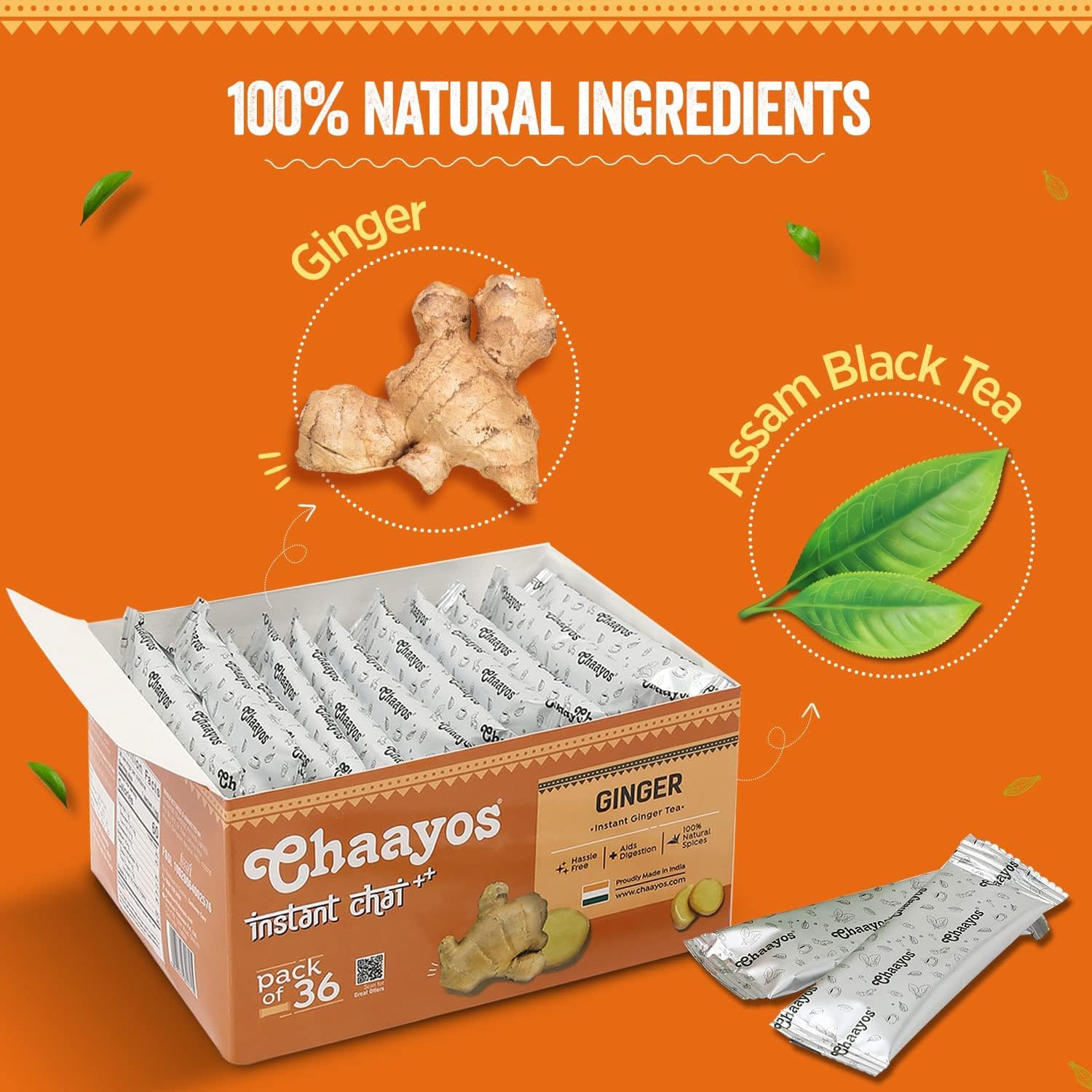 Chaayos Instant Premix Ginger Chai - 36 Sachets, 288gm, 10.1 Ounce | Instant Ginger Assam Tea - Low Sugar, Hassle Free | Strong Golden Chai