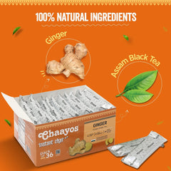 Chaayos Instant Premix Ginger Chai - 36 Sachets, 288gm, 10.1 Ounce | Instant Ginger Assam Tea - Low Sugar, Hassle Free | Strong Golden Chai