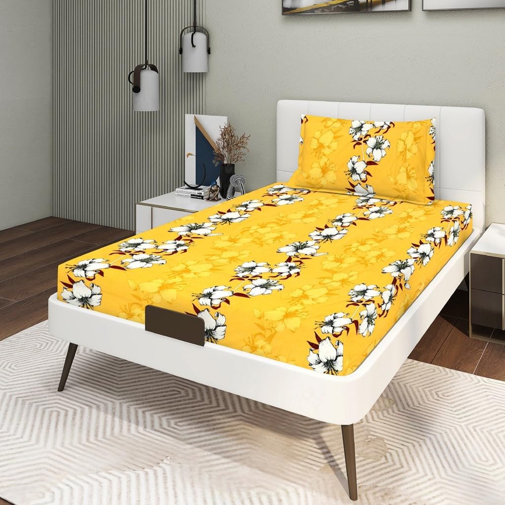 Glace Cotton Super Soft Bedsheets Single Bed Size (60 X 90 Inch) With 1 Pillow Cover | All Around Elastic Fitted Bedsheets, Yellow & White