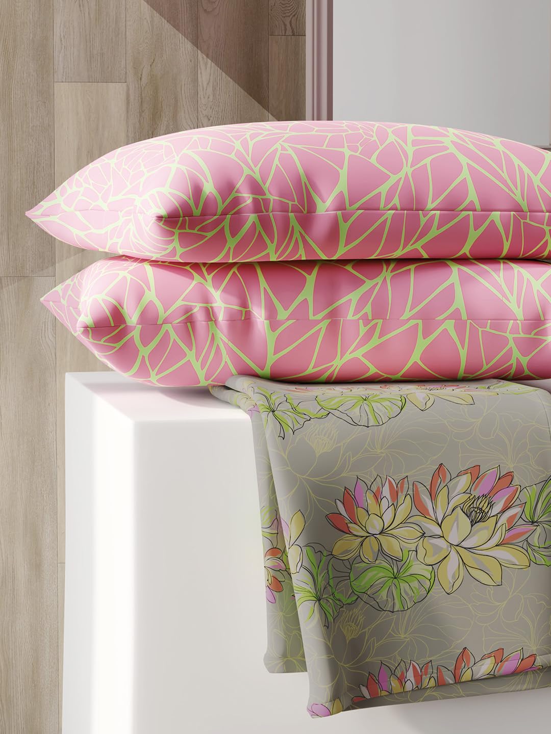 100% Cotton Double Bedsheet With 2 Pillow Covers Size - 87 X 95 Inches, Grey & Pink | 125 Thread Count Lightweight & Durable - Gift For Housewarmings, Weddings, Birthdays