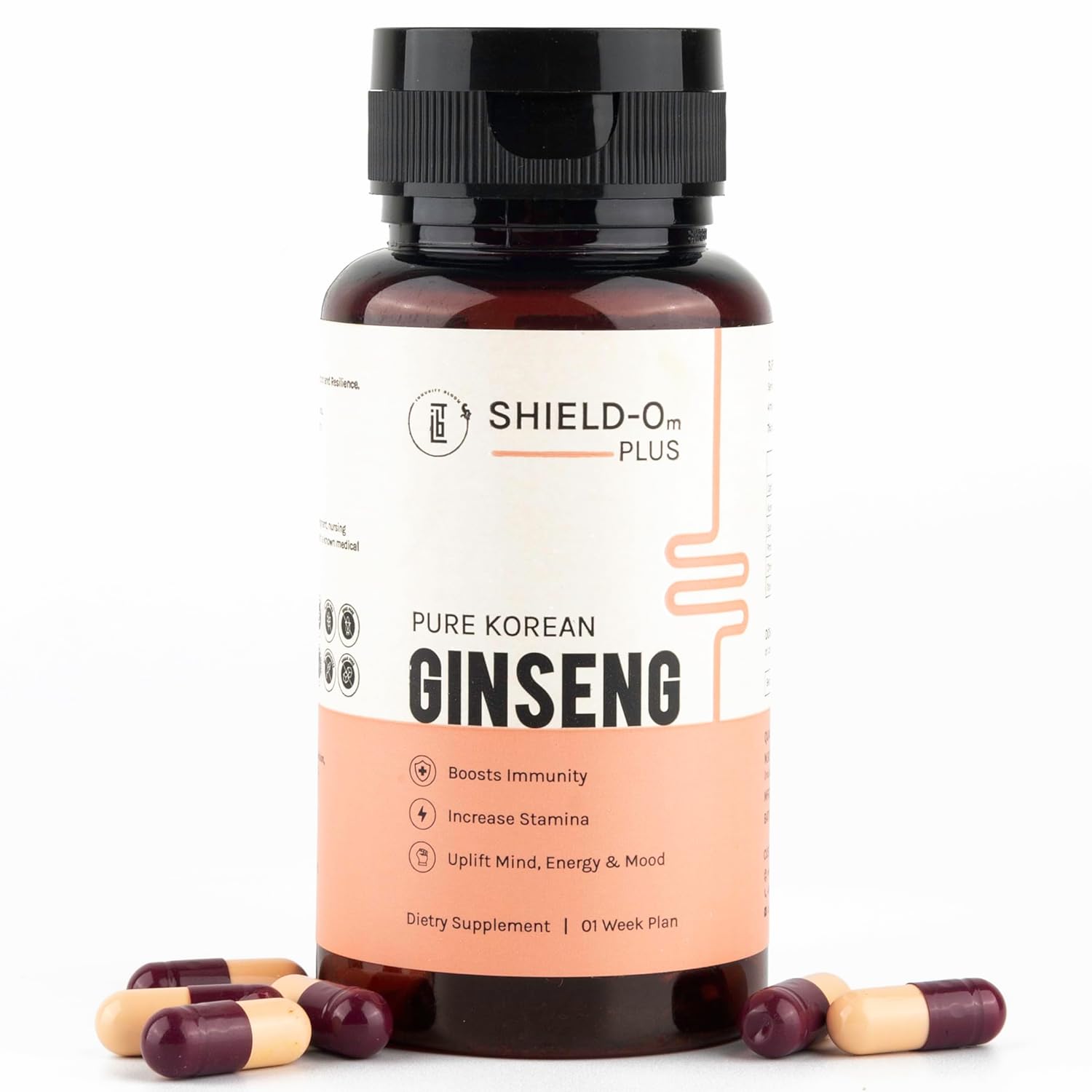 Shield - Om Plus Korean Ginseng Supplement 200mg For Men & Women Formulated For Overall Stamina, Immunity Booster, Vigor & Vitality, 100% Veg, Result In 7 Days With 7 Capsules | 50gm 0.1lbs