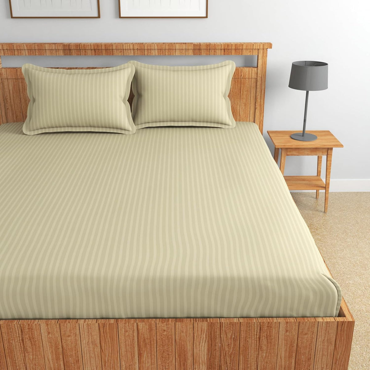 Stripe Glace Cotton 1 Double Bedsheet With 2 Pillow Cover - 91 X 90 Inches, Ecru | Fade Resistant & Durable Breathable & Wrinkle Free Bed Sheet