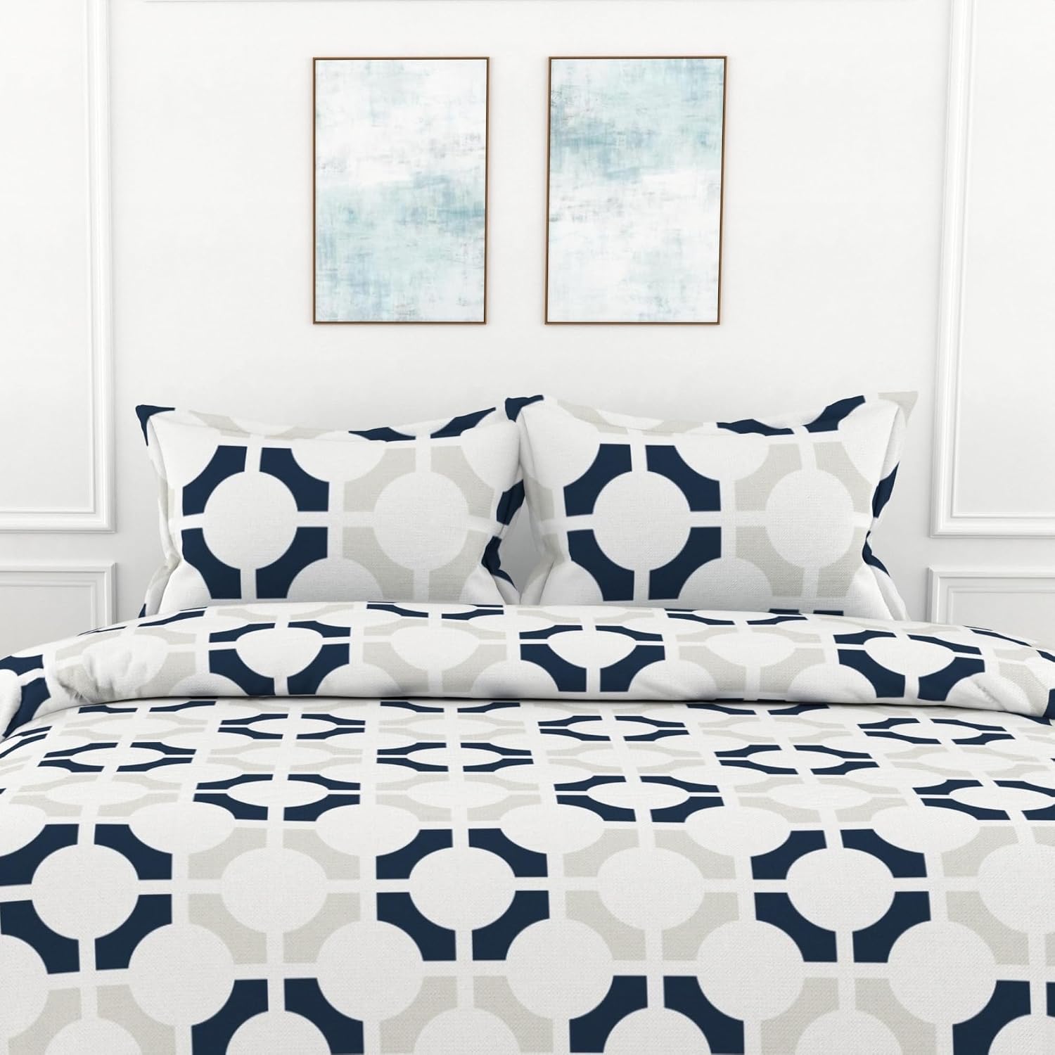Printed Bedsheet For Double Bed 2 Pillow Cover - 60 X 78 Inches, Colonial Blue & Grey | All Around Elastic Fitted - Ultra Soft & Breathable | Superior Softness & Breathability
