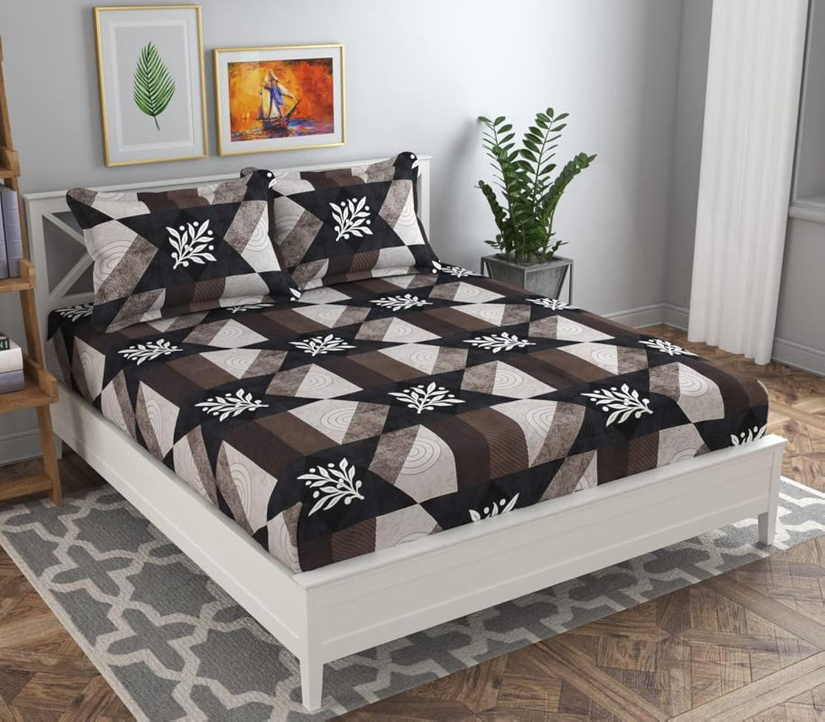 1 Double Bedsheets With 2 King Size Pillow Covers | 90 X 90 Inches, Brown & White - Double Bed Breathable & Wrinkle Free | Ultra Soft 180 Thread Count Super Soft