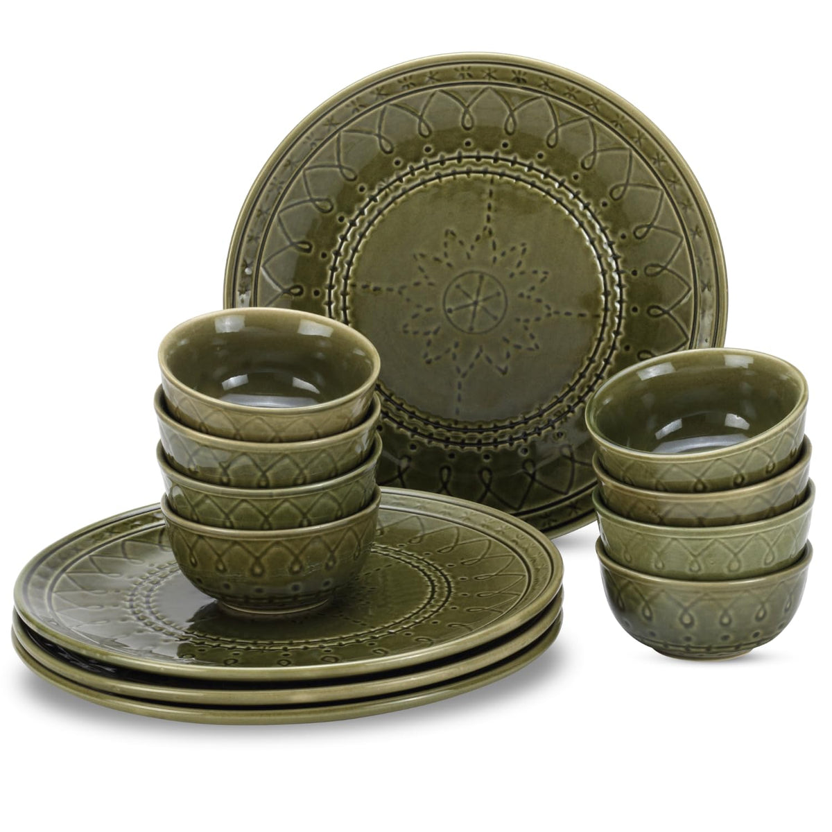 Handcrafted Stoneware Embossed Ceramic Dinner Set Of 12 Pcs - Moss Green | 4 Dinner Plates+ 8 Salad Bowls, 180ml Each - Microwave & Dishwasher Safe